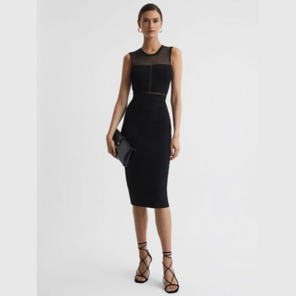 NWOT Reiss Lucia Sheer Knitted Bodycon Midi Dress in Black Sleeveless